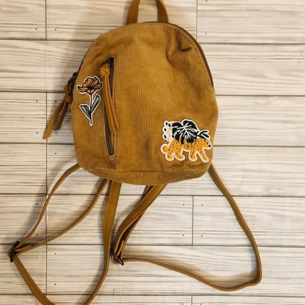 Mustard Corduroy Mini Backpack with Floral & Leopard Patches